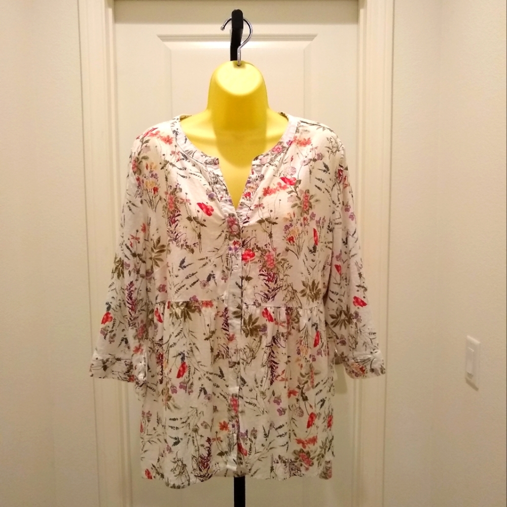 JNY Jones New York Blouse Cream Pink Floral Green Button Up V-Neck XL